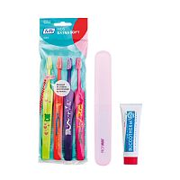 TePe Select Compact KIDS x-soft 3+1, v sáčku + Cestovní pouzdro + Buccotherm dětská zubní pasta, 8 ml