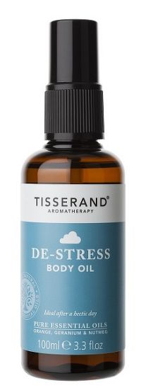 Tisserand De-Stress luxusní povzbuzující tělový a masážní olej s pomerančem a geraniem, 100 ml