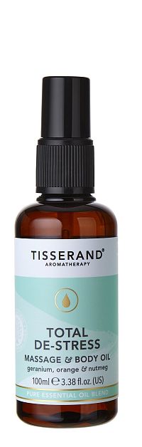 Tisserand Total De-Stress luxusní povzbuzující tělový a masážní olej s pomerančem a geraniem, 100 ml